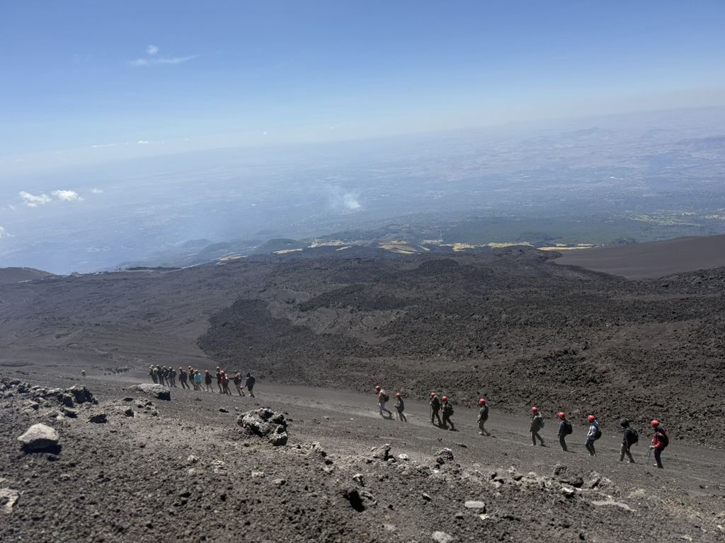 Group descending a lava trail on Mount Etna